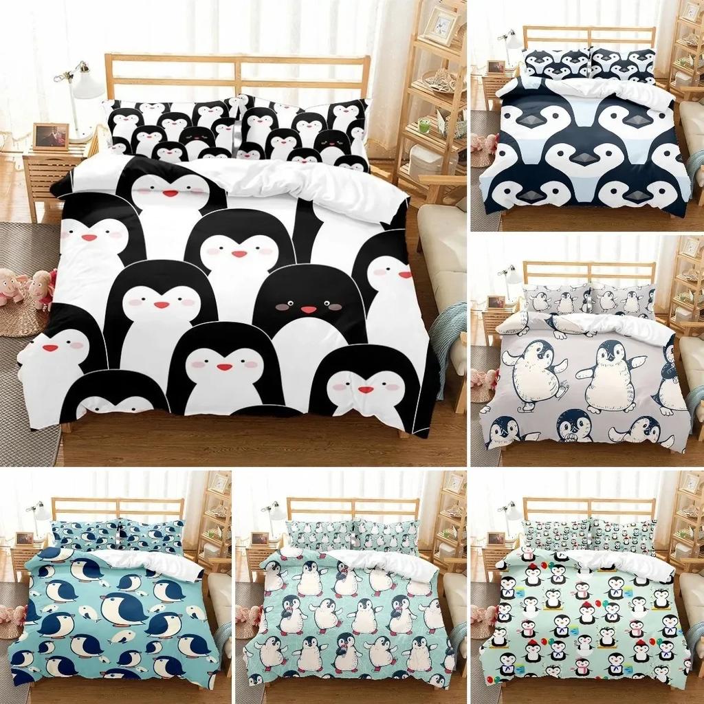 Cartoon Penguin Comfortable Duvet Quilt Cover Pillowcase Bedding Set Children Home Textile Antarctic Animal Illustration