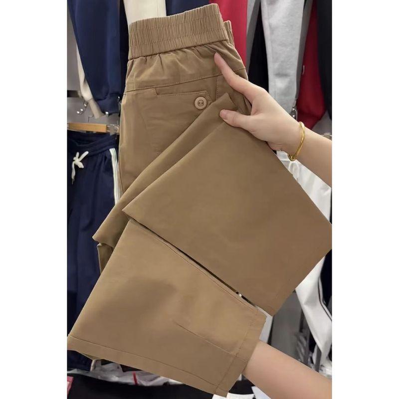 

Washed Cotton Thin High Waist All-Matching Breathable Cropped Pants Khaki 4XL