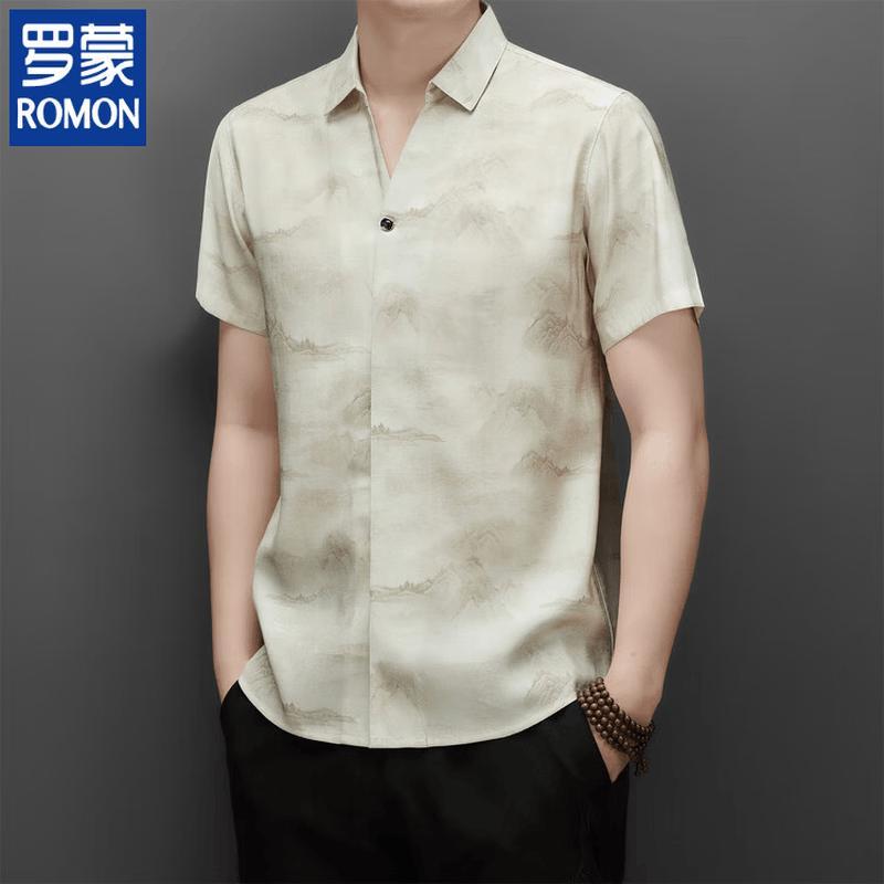 ROMON Men s Chinese Style Stand Collar Linen Blend Shirt 40/175