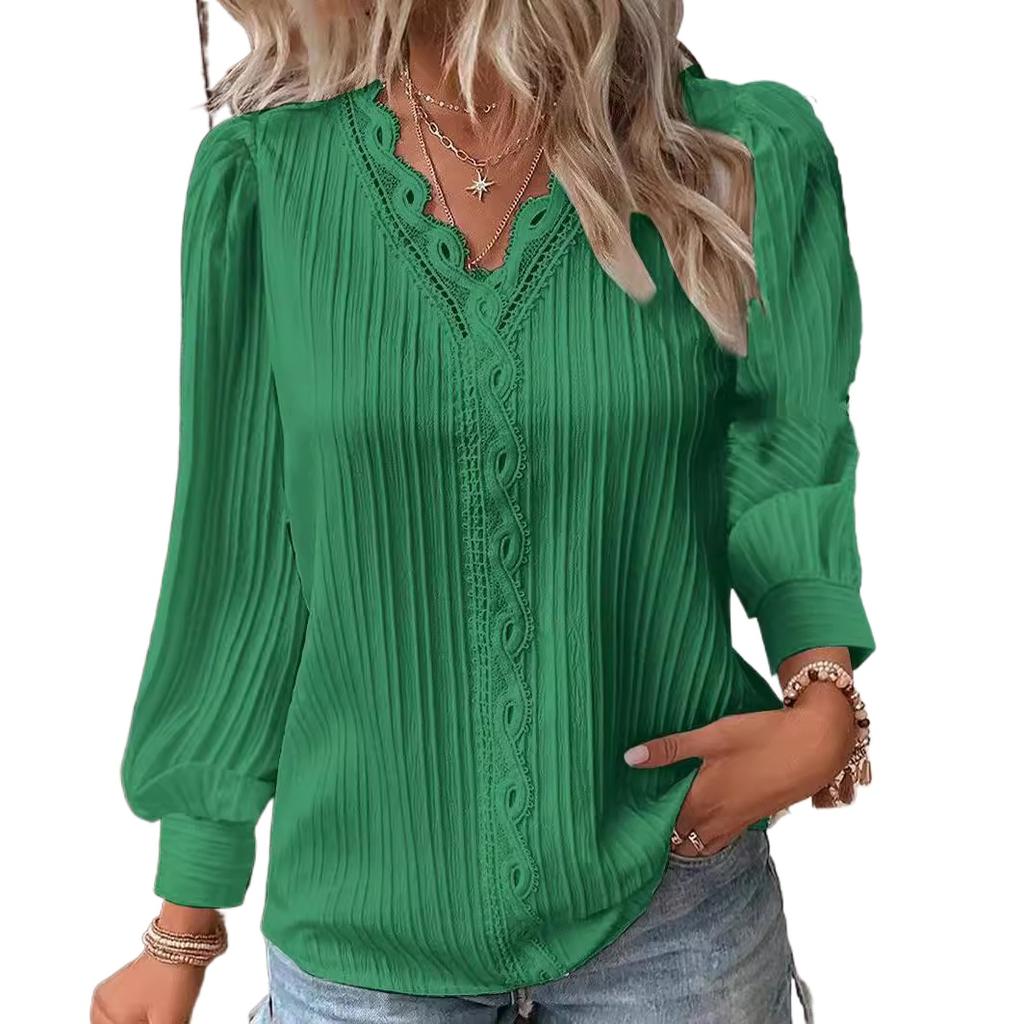 Women's V Neck Top Soft Shirt Lace Long Sleeves Shirt for Spring and Autumn
