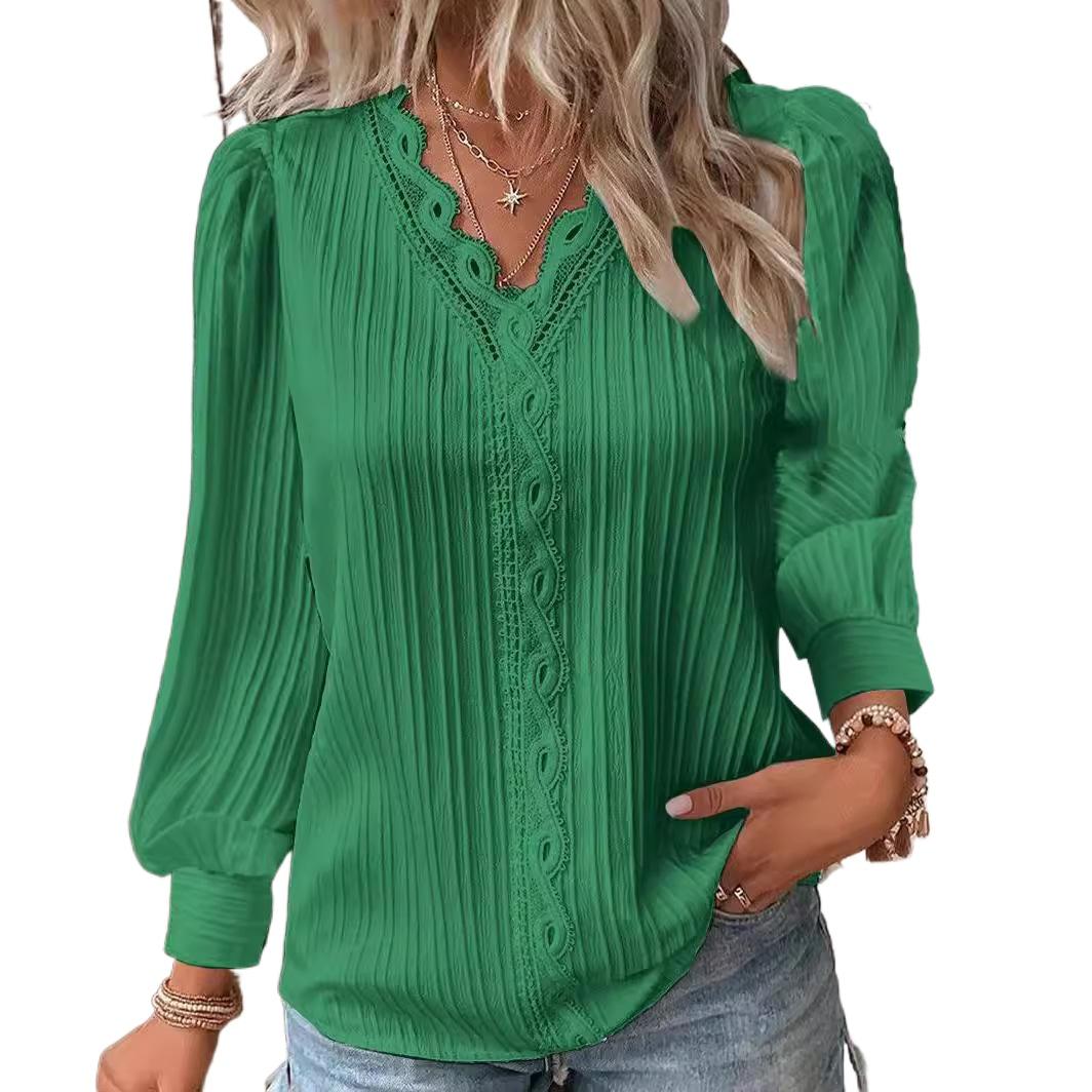 

Женская мягкая рубашка с V-образным вырезом и длинными рукавами из кружева на весну и осень 4XL зелёный