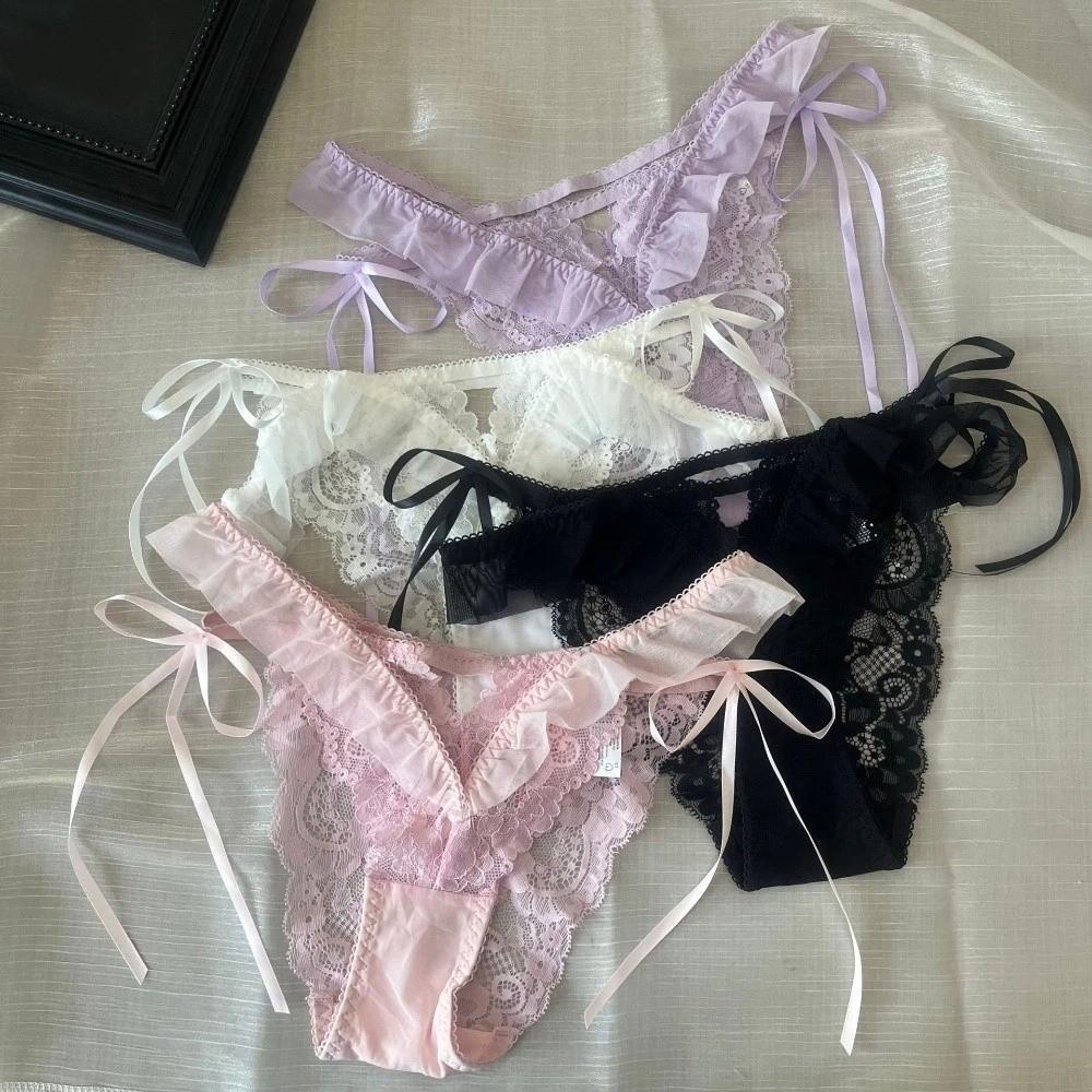 Mesh Ruffle Floral Bowknot Panties Bow Ribbon Underpants Lace Flower Transparent Briefs Lady