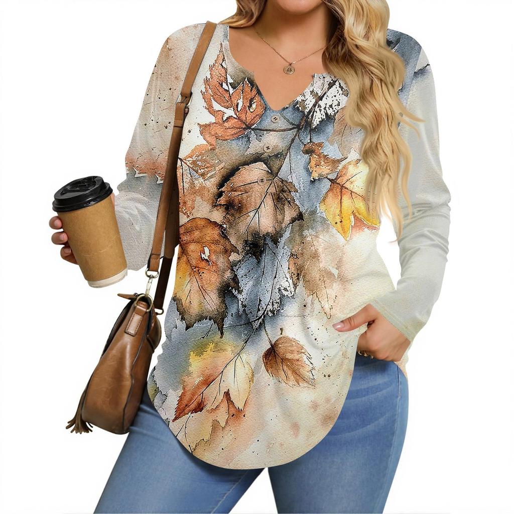 Womens Plus Size Long Sleeve Shirts  V Neck Tunic Tops Basic Loose Fit Tee Tops