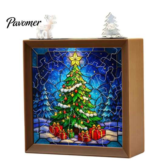 Decorative Room Lighting Christmas Acrylic Puzzle Night Light with Wooden Frame, DIY Stained Glass Style Creative Gift for Kids Jigsaw Lamp