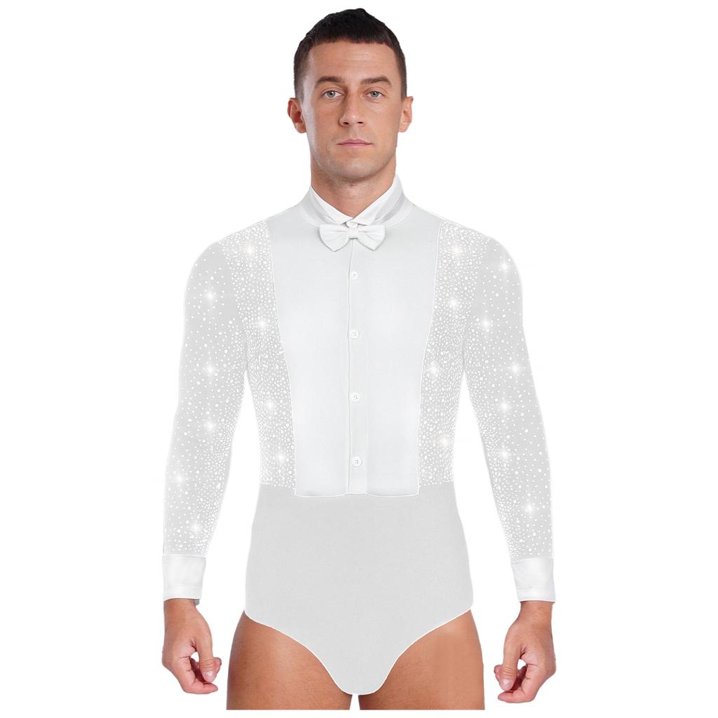Mens Latin Rumba Ballroom Dance Leotard Long Sleeves Shiny Rhinestones Color Block Bodysuit with Bowtie