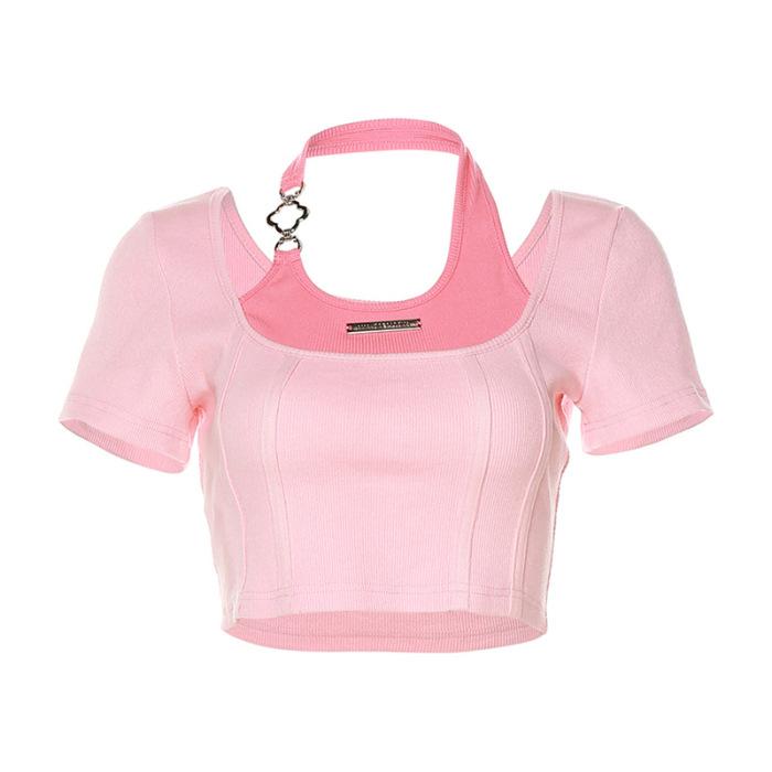 Sweet and spicy fake two-piece splicing neck-hanging short-sleeved T-shirt women s summer dopamine design navel top S