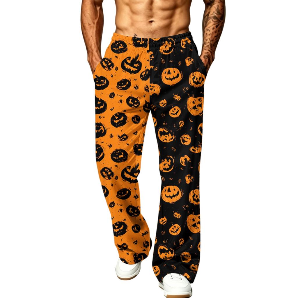 Men's Loose Wide Leg Cargo Jogger Pants with Pockets Halloween Print for Casual Outdoor Wear