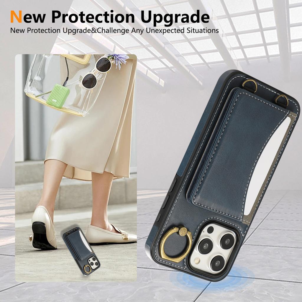For iPhone 14 Pro PU Leather Back Case Card Holder Kickstand Phone Cover with Wrist Strap