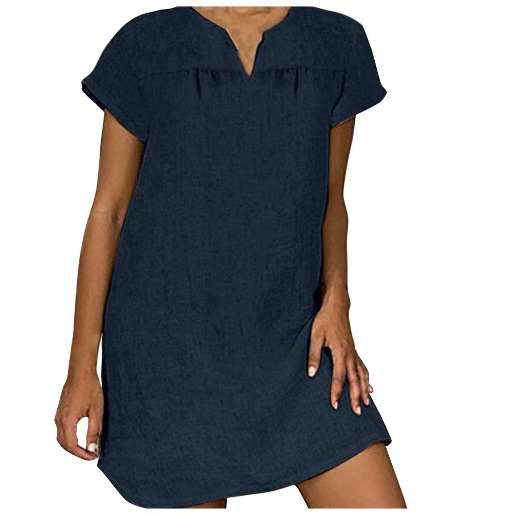 Gonna ampia estiva da donna alla moda, manica corta, scollo a V, abito in cotone e lino