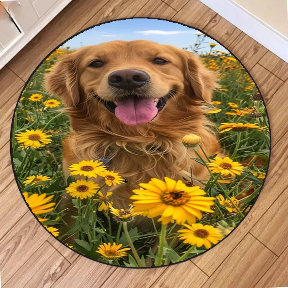 Słodki złoty szczeniak uśmiech okrągła mata salon sypialnia kuchnia balkon dywaniki antypoślizgowe joga dekoracja domu dziewczyna prezenty dywan