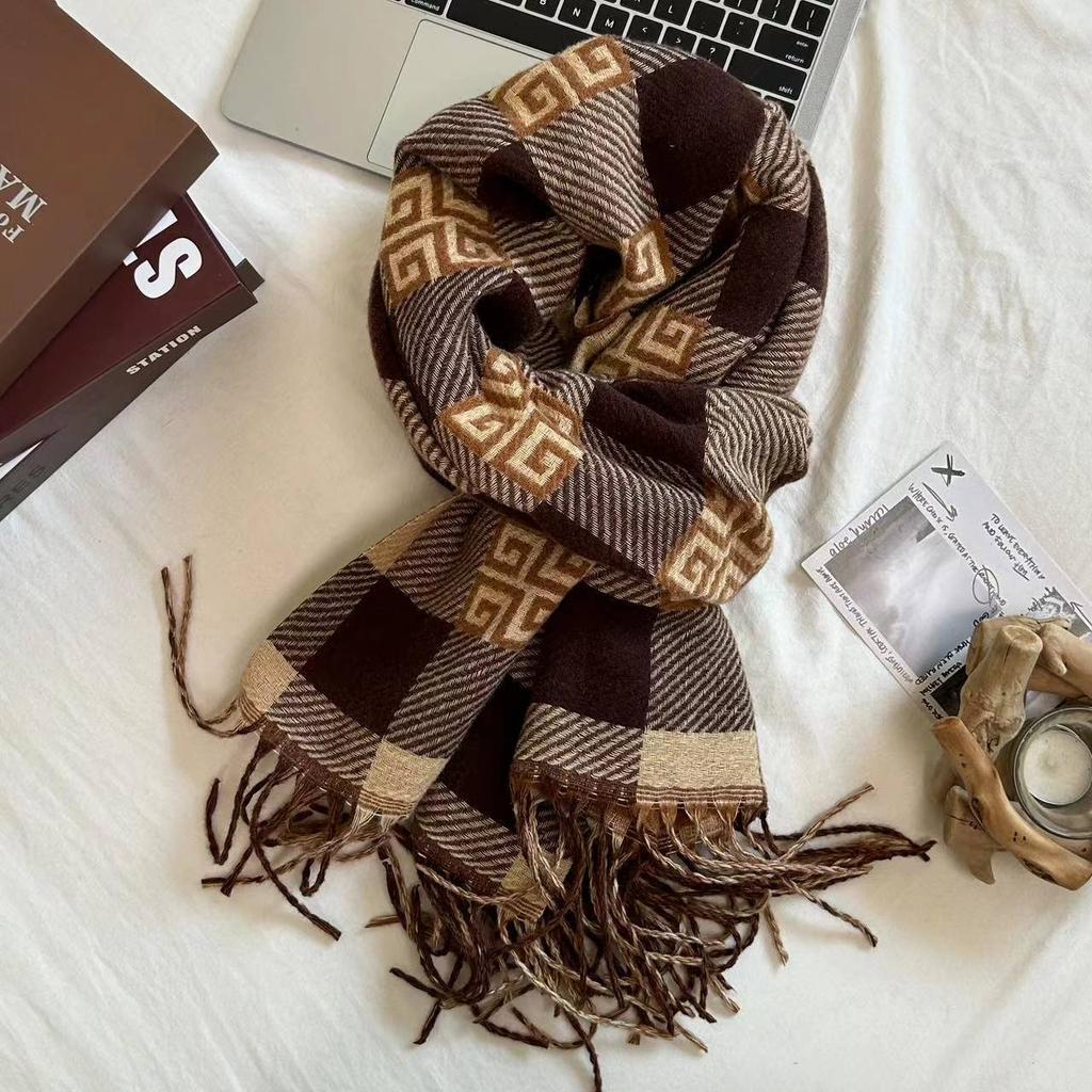 New Popular Tassel Imitation Cashmere Plaid Scarf Women's Senior Sense Autumn and Winter Long Thermal Shawl Commuter College Style