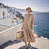 Women Summer Long Dress Tie Neck Short Sleeve Flowy Beach Sundress Casual Loose Vacation Long Dress with Pockets