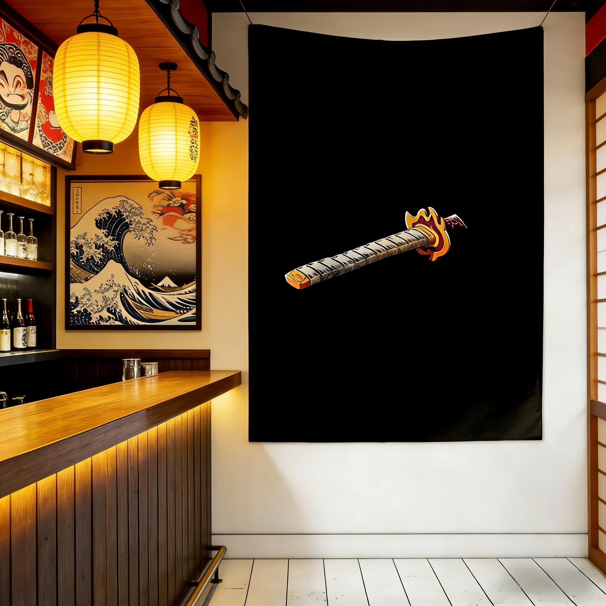 Minimalist Japanese Aesthetic Tapestry Samurai Sword Hilt Black Art for Modern Living Room Bedroom Decor 74x94cm(29x37in)