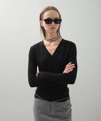 LOVENTINA Deep V-Neck Cutout Top_Black