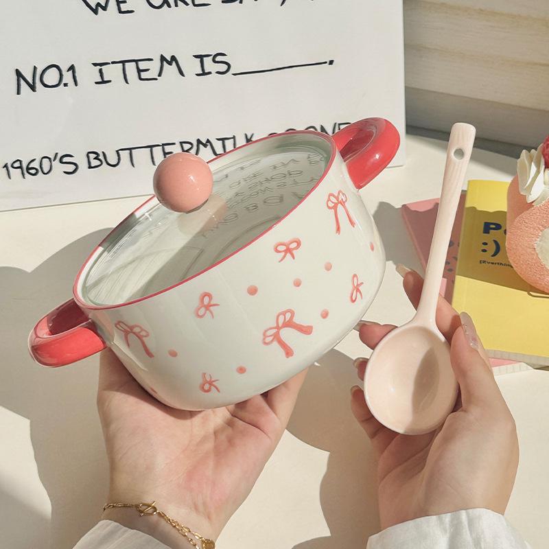 Girl's Heart Bow Binaural Ceramic Instant Noodle Bowl Student Dormitory Rice Bowl Large Capacity Microwave Oven Snail Powder Bowl