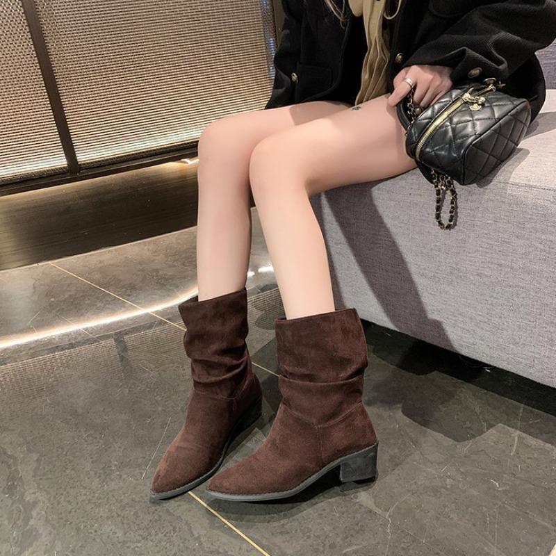 Retro pleated medium tube thin boots new western cowboy stack boots pointed thick heel women's boots