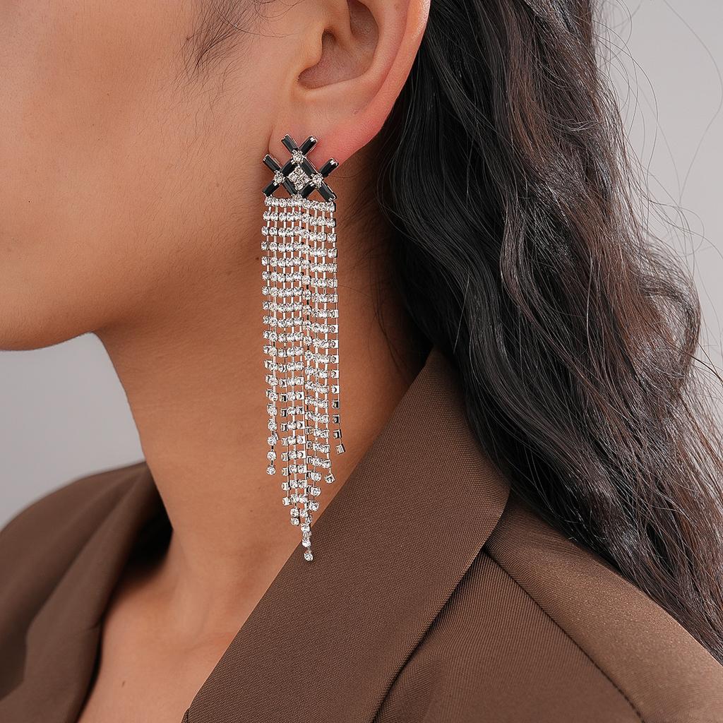 Zircon X fringed silver needle earrings personalized stud earrings