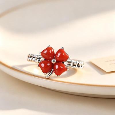 Elegant Southern Red Four-Leaf Clover Women's Adjustable Ring – Creative and Versatile Fashion Accessory