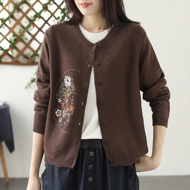 Women's Literary Retro Embroidered Crew Neck Single-Breasted Sweater Knit Cardigan Loose Versatile Autumn & Winter Long-Sleeve Top Outerwear