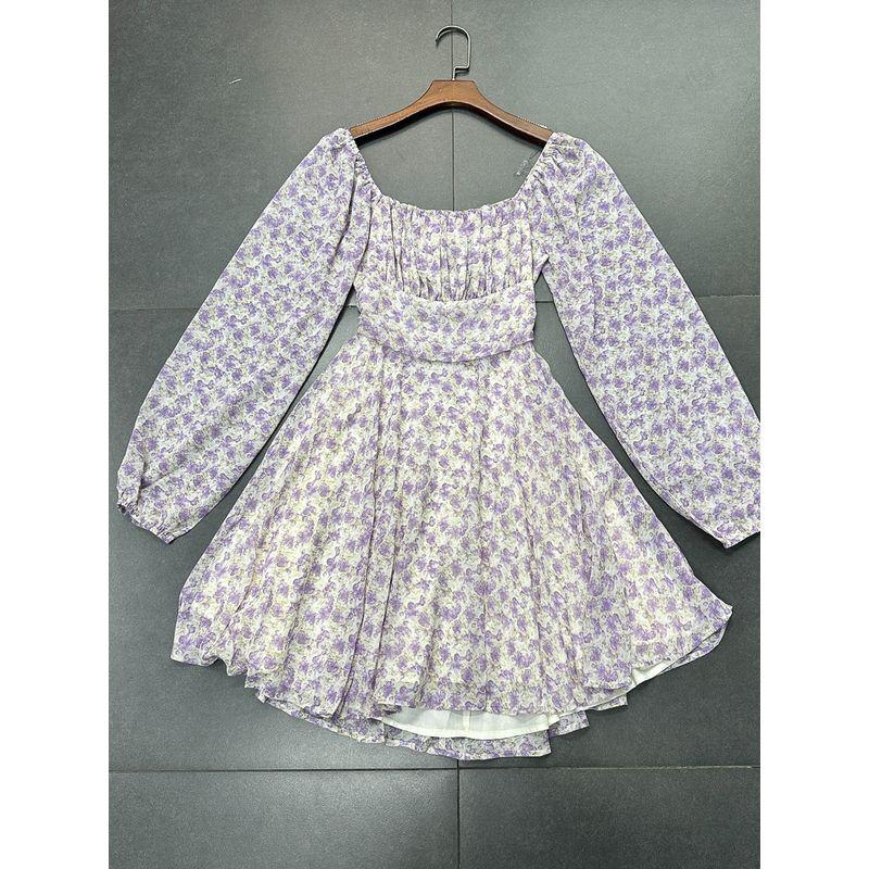 Export Pure Original Spring New Arrival Square Collar High Waist Tight Waist Mini Open Back Chiffon Dress Vacation Beach Dress Female