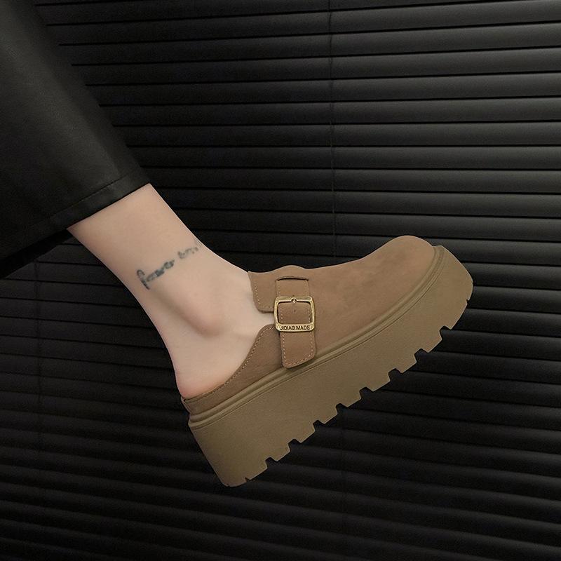 Frosted thick-soled inner height-increasing women's shoes, spring and autumn half-towing bag head, one foot pedaling lazy slippers