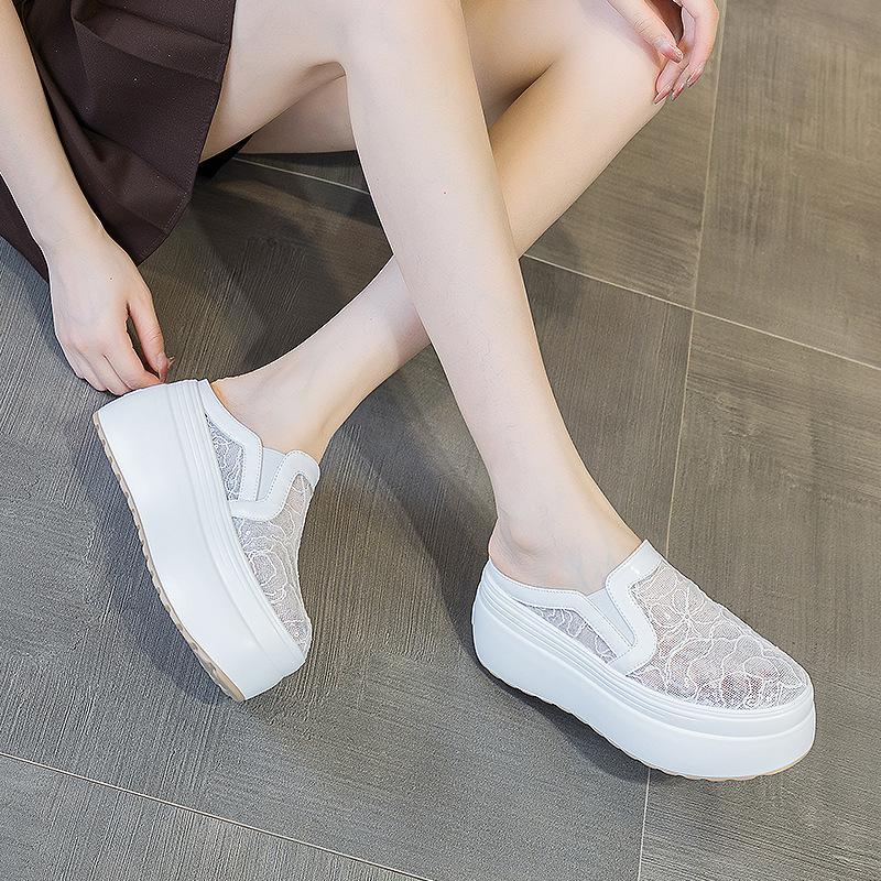 Fashion 8cm Heelless Half Slippers Female Baotou Summer New Lace Glitter Breathable Platform Casual Shoes Fashion Trend