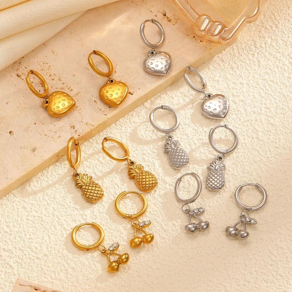 Temperament Sweet Inlay Zircon Gold Color Cherry Strawberry Pineapple Pendant Hoop Earrings for Women Stainless Steel Jewelry