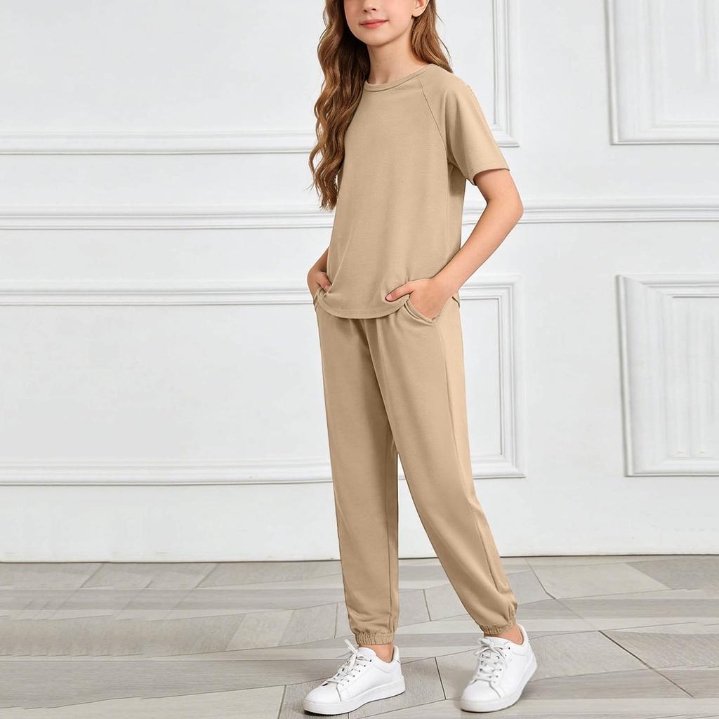 Girls Two Piece Set Short Sleeve Top and Harem Pants Lightweight Soft Fabric Casual Outfit for Spring Summer