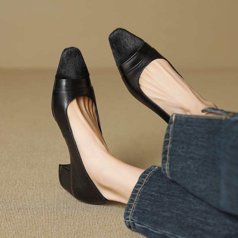 Fashion 2025 New Spring Women Pumps Square Toe Chunky Heel Genuine Leather Women Shoes Shallow Ladies Leopard Ladies Shoes