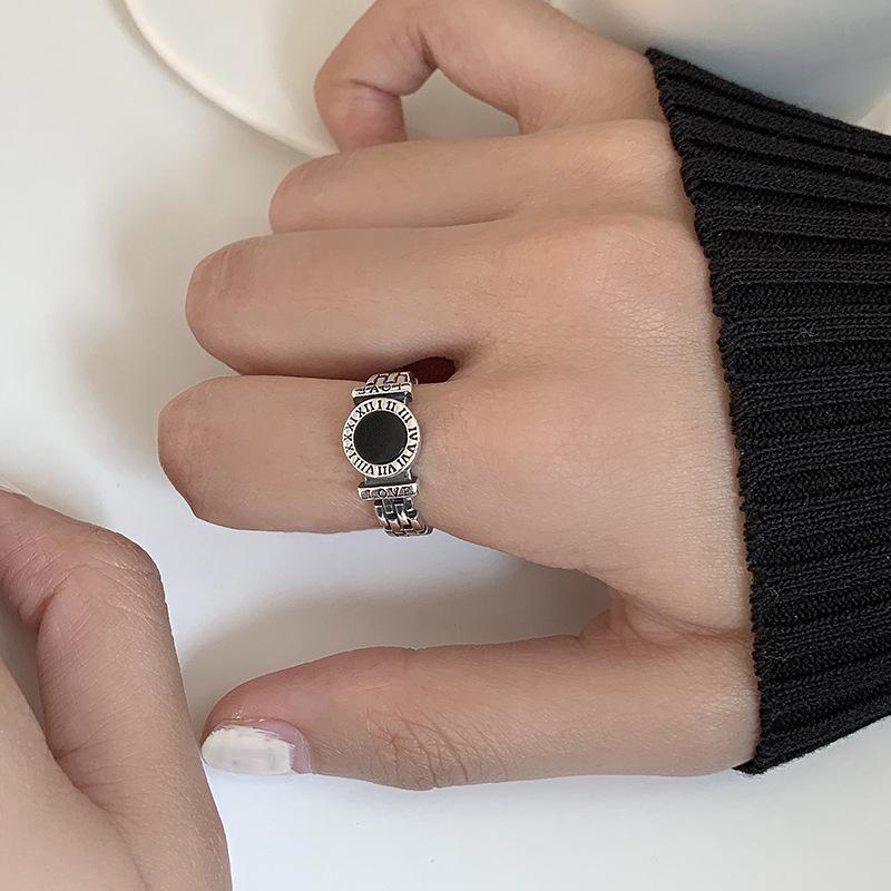 Retro Geometrischer Schwarzer Offener Ring mit Römischen Ziffern - 925 Silber Damen Mehrschichtiger Hip Hop Zeigefingerring