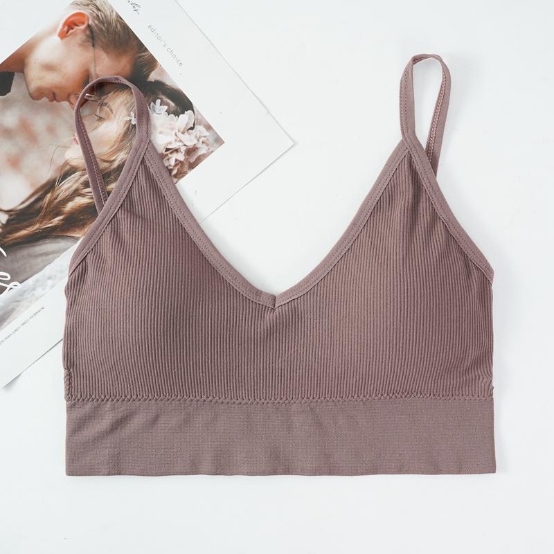 Sömlös väst för kvinnor Underkläder Enfärgad mode randig V-hals Crop Top BH Push Up BH Bekväm topp