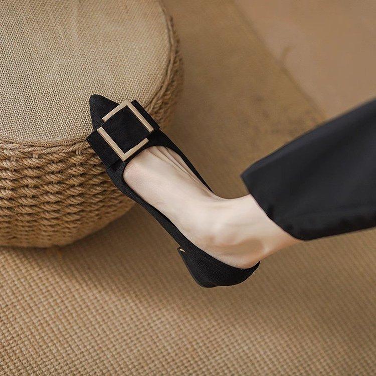 Pointed thick heel single shoes women's middle heel 2025 autumn new light mouth soft sole suede professional work black high heels