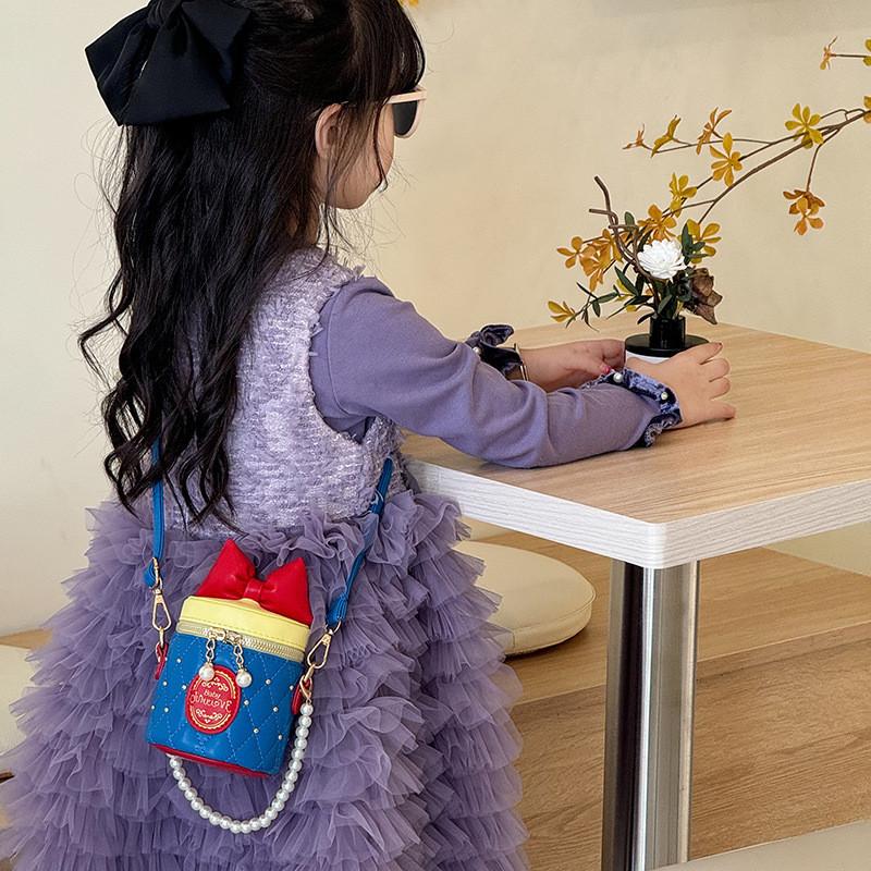 Adorable Korean Style Children's Bowknot Bucket Bag With Pearl Chain Shoulder Strap
