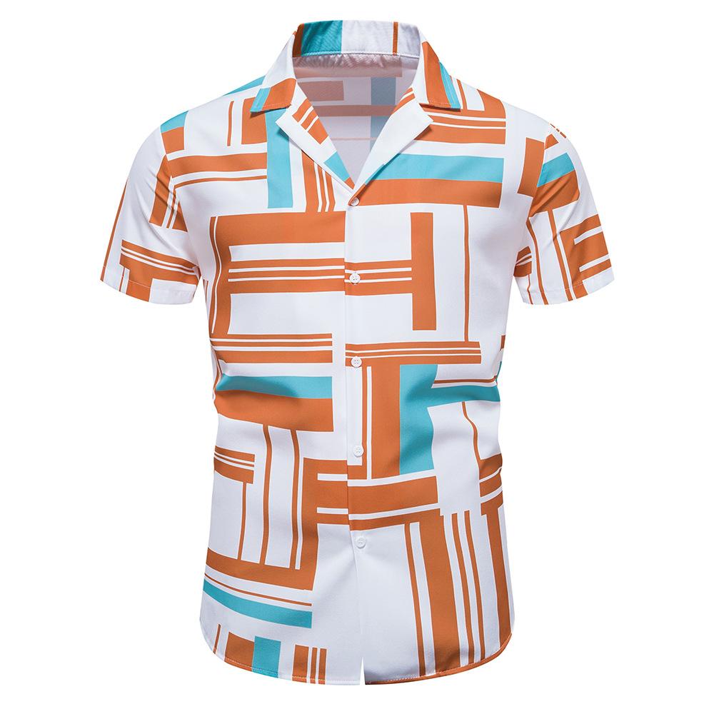 Summer New Men's Casual Short-sleeved Shirt Contrasting Print Hawaiian Style Lapel Top Short-sleeved