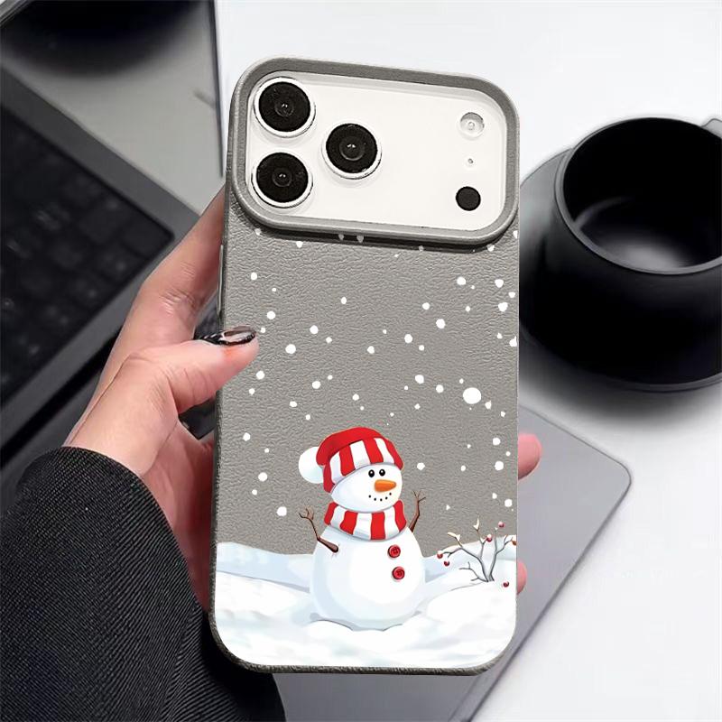Christmas Winter Snowman Print Phone Case For iPhone Air 17 16 15 14 13 12 Pro Max 17 Pro 11 16e Leather Texture TPU Soft