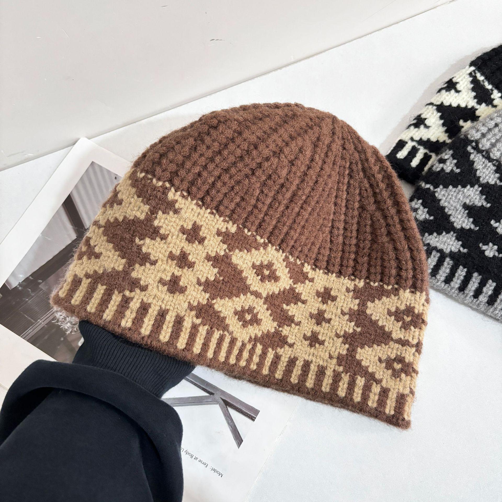 

Шапка из жаккардовой шерсти в стиле ретро, универсальная защитная шапка для ушей, сумка-мешок, шапка для рыбалки, для мужчин и женщин, теплая осенне-зимняя шапка для улицы M（56-58cm） темно-коричневого