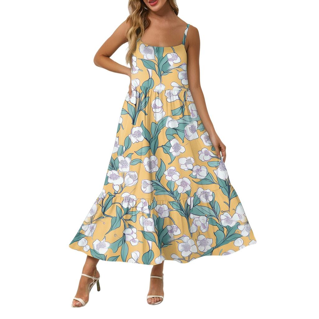 Damska Długa Plażowa Codzienna Elegancka Sukienka Maxi na Cienkich Ramiączkach, Szyta, Subtelna, Zwiewna Sukienka w Stylu Boho