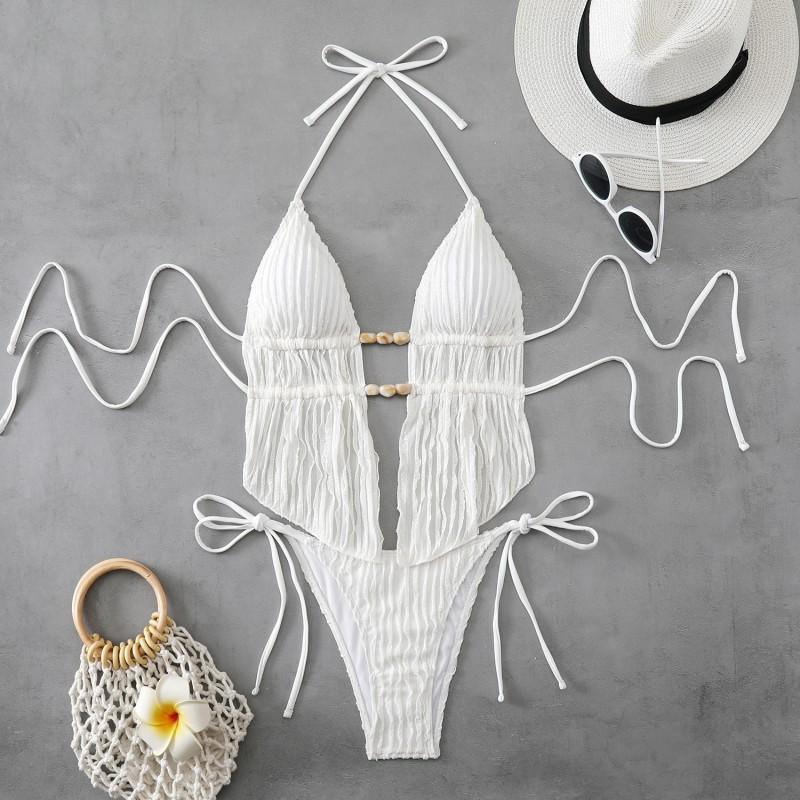 

Split Bikini Beaded Double Rope Lace Irregular Swimsuit Solid Color Sexy M білий