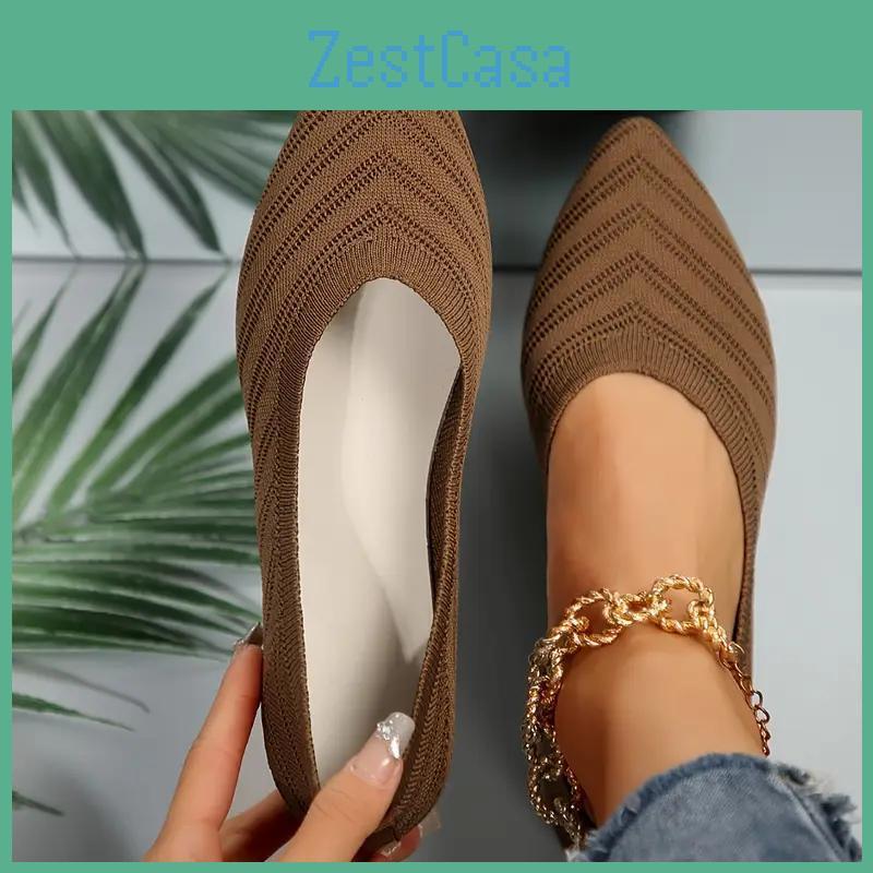Shoes Comfy Knitted Flat Womens Breathable Solid Color Pointed Toe Shoes Casual Lightweight Slip On Flats