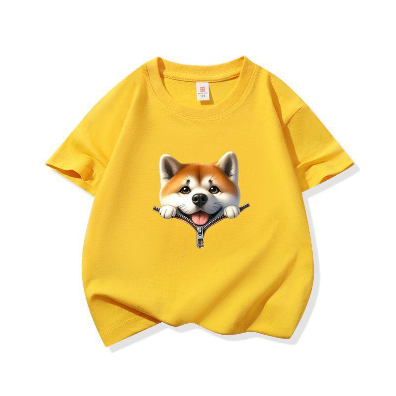 Kids Pure Cotton T Shirt Adorable Dog Zipper Print Crew Neck Short Sleeve Tee Casual Breathable Boys Girls Summer Tops