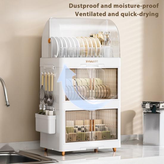 Stackable Tableware Storage Box Multi-Tier Dinnerware Organizer with Clear Lid Doors Hooks Dishes Plates Cups Storage Bins with Drainage Tray