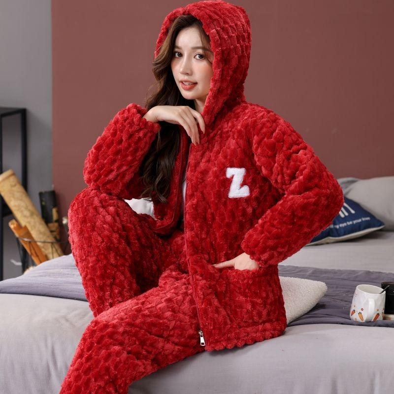 Pajamas women's winter three-layer thickened models fleece coral fleece warm padded cotton autumn and winter women's loungewear