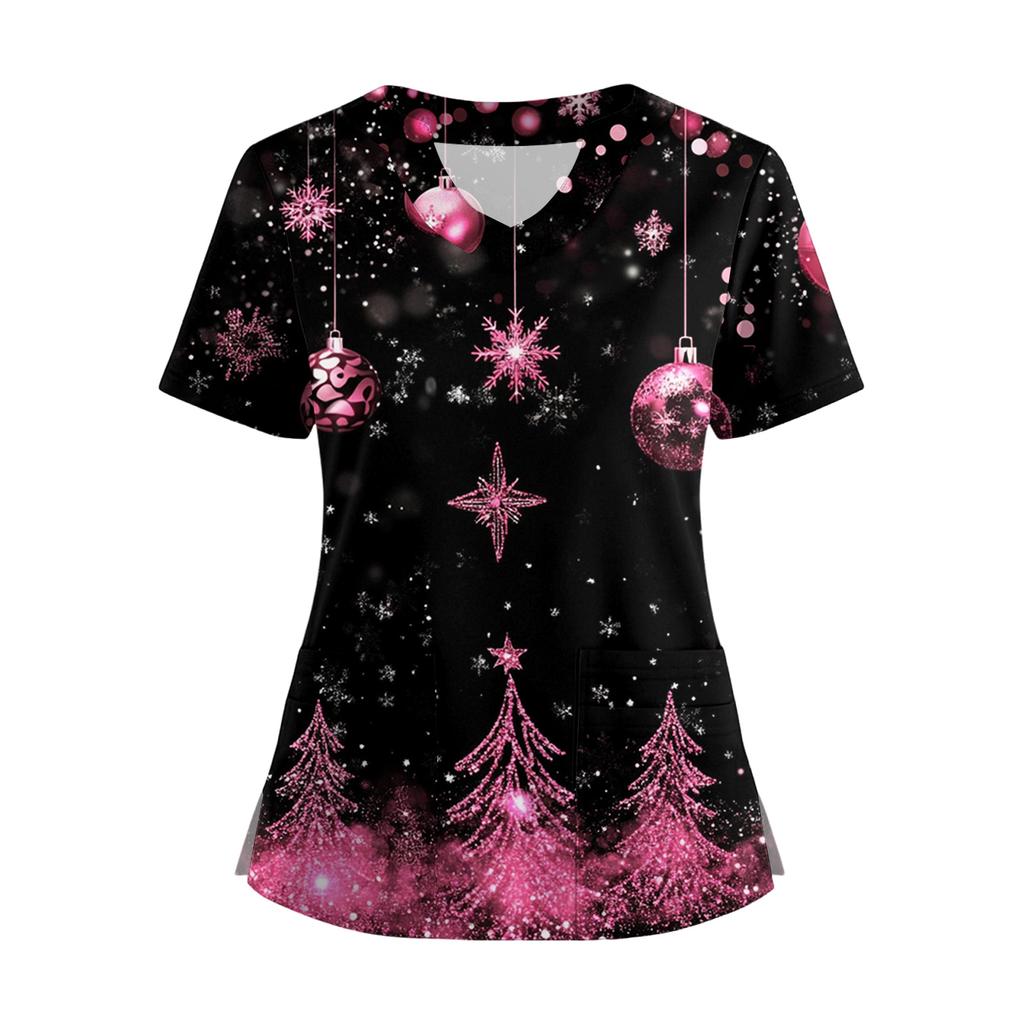 Kortermet juleprintet V-hals Topp T-skjorte med knapper i siden og splitt