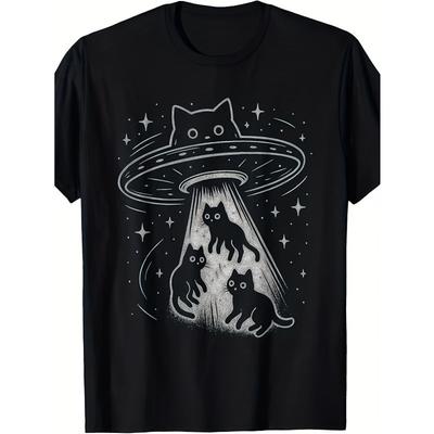 Taglie Europee Gatto Divertente UFO Gattino Carino Spazio Astronave Alieno Estetica Maglietta | Uomo Casual Manica Corta, Vestibilità Comoda, Stampa Giocosa