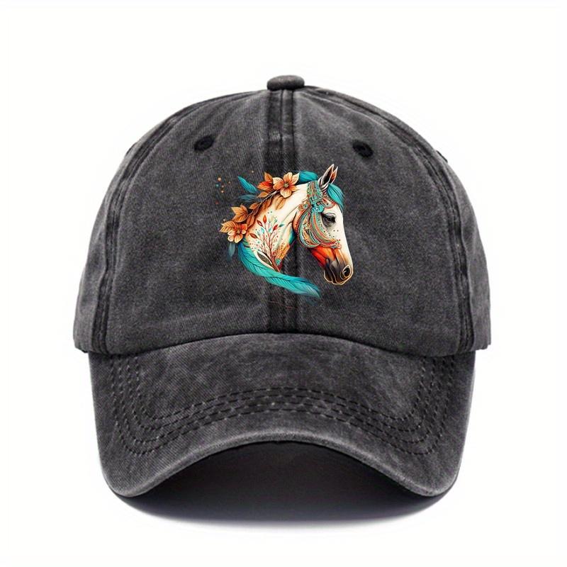 Artistic Horse Head Floral Print Baseball Cap Distressed Denim Snapback Hat Casual Outdoor Headwear