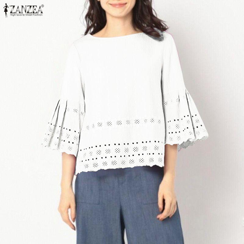 ZANZEA Women Casual Round Neck 3/4 Sleeve Loose Embroidery Patchwork Blouse