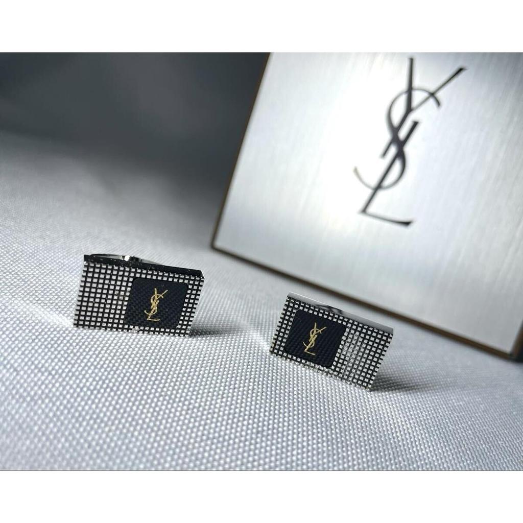 Used YVES SAINT LAURENT YSL Silver & Gold & Black Square Vintage Cufflinks Cufflinks Button with Case