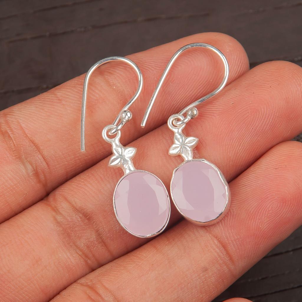 Rose Chalcedony Gemstone 925 Stamped Silver Jewelry Handmade Hook Earrings 1.30" EE-6-13