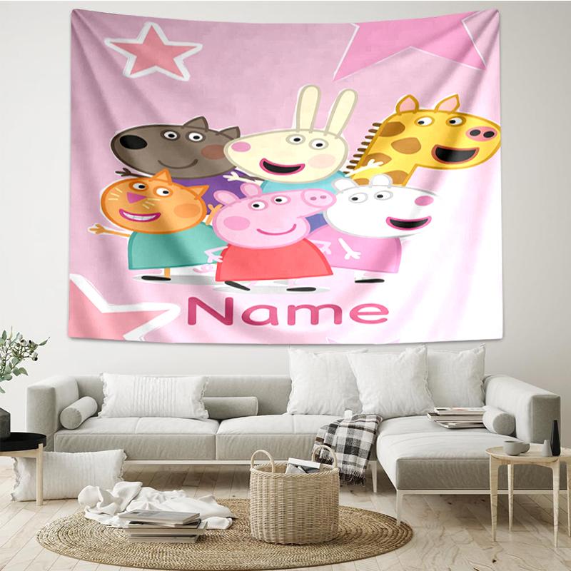 Custom Name Peppa Pig Print Tapestry, Backdrop, Easy Setup, Ideal for Bedroom, Office & Living Room, with Aesthetic Wall Hanging Decor.