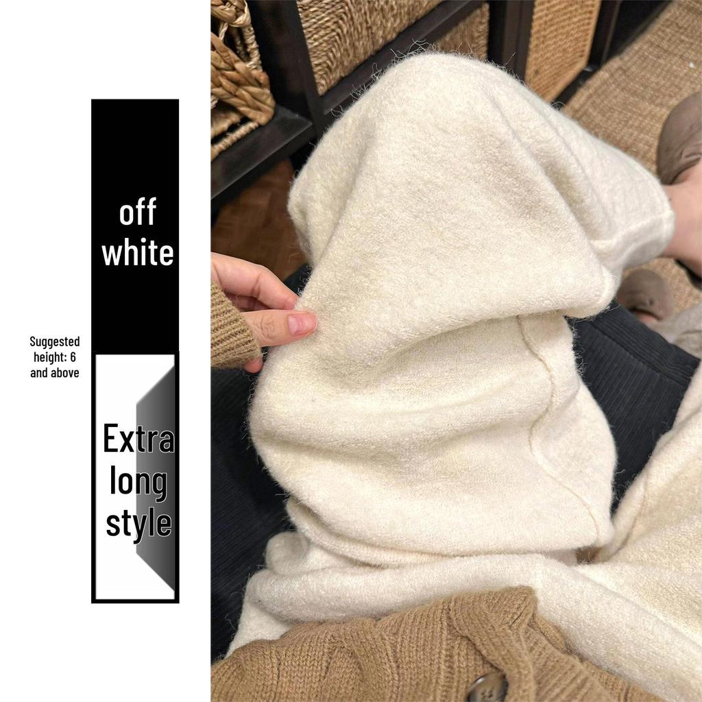 Women's Off-White Wool Blend Wide-Leg Pants: Autumn/Winter Style, Relaxed Fit, Fleece-Lined, Floor-Length Knit